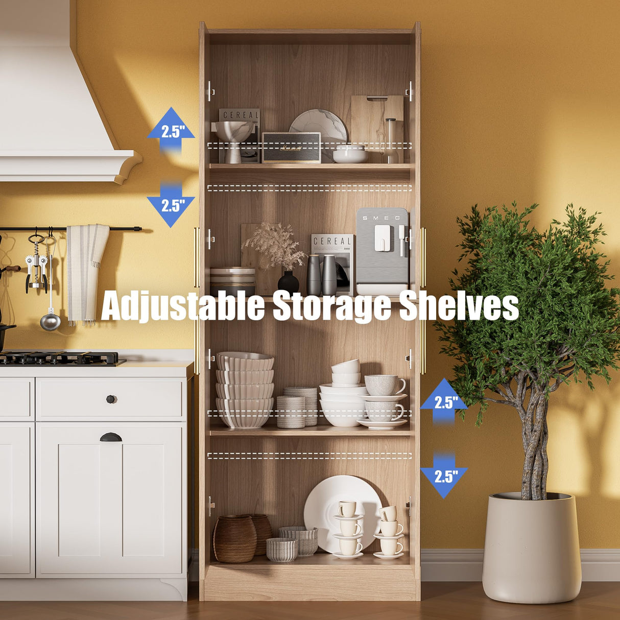 Housoul 71" Tall Pantry Cabinet with 4 Doors, Kitchen Pantry Storage Cabinet, Freestanding Larder Cupboard, Utility Kitchen Hutch with Gold Handles for Dining Room, Bathroom, Oak Housoul