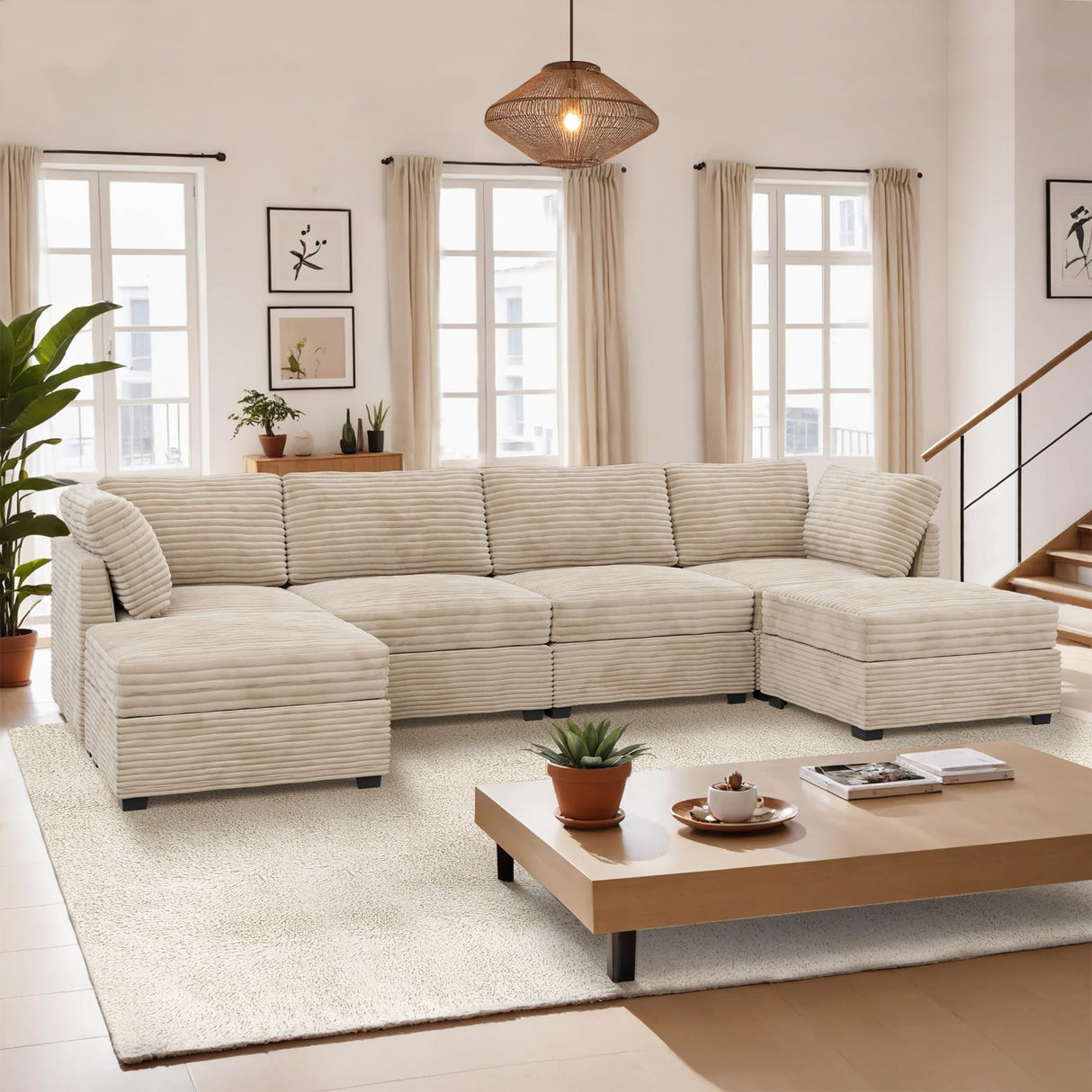 CAODOC Modular Sectional Sofa, 130.7 Inch U Shaped Couch Set for Living Room, 4-Seater Comfy Cloud Couches with Two Movable Ottoman, DIY Combination, Plush Corduroy, Beige CAODOC