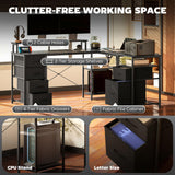 HOMCOM 66" L Shaped Gaming Desk, Reversible, 105" 2 Person Computer Desk with File Cabinet and Fabric Drawers, Power Outlets and LED Lights, Monitor Stand, Distressed Black HOMCOM