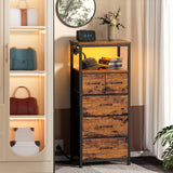 Furnulem Dresser for Bedroom, Tall Nightstand, Vertical Chest with Wood Top, Charging Station, LED Lights, 5 Fabric Bins, Bedside Table with Shelf, Furniture for Entryway (5 Drawer, Rustic Brown) Furnulem