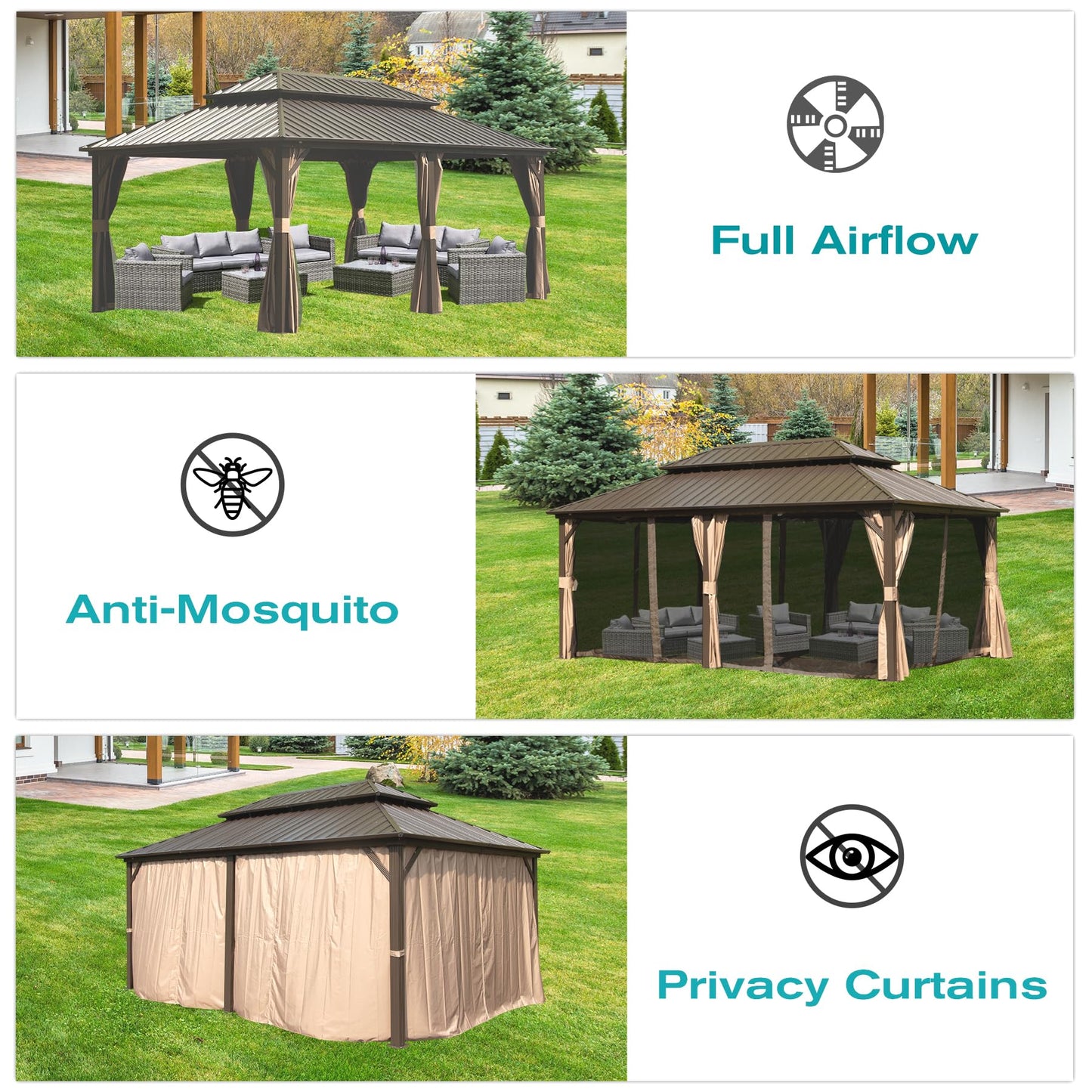 Domi 12' X 18' Hardtop Gazebo, Aluminum Metal Gazebo with Galvanized Steel Double Roof Canopy, Curtain and Netting, Permanent Gazebo Pavilion for Party, Wedding, Outdoor Dining, Brown