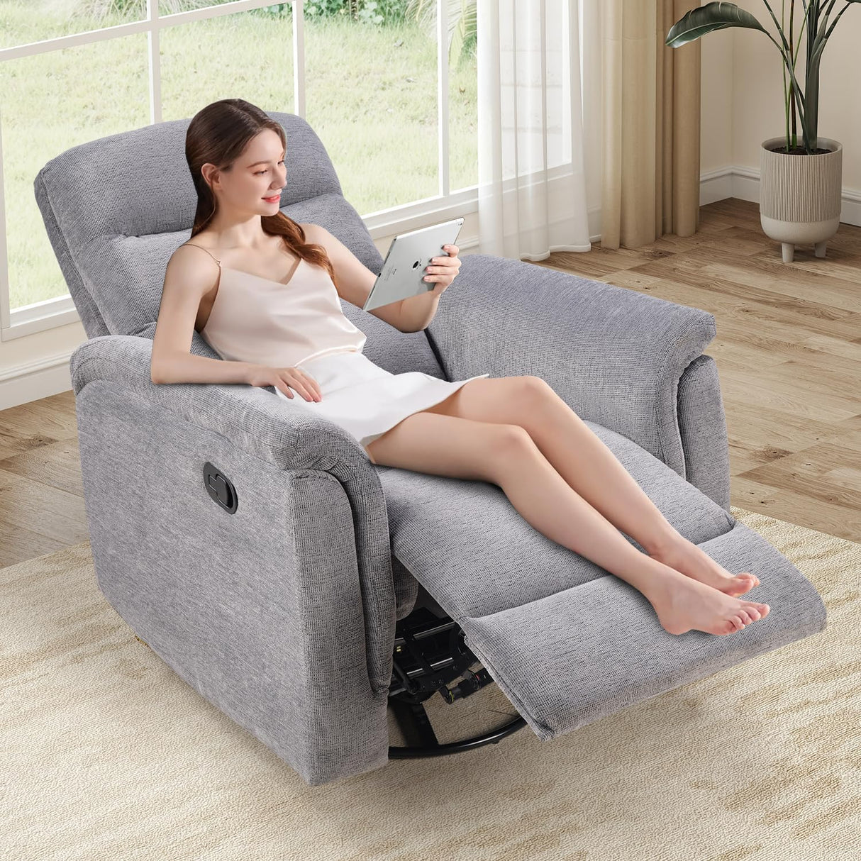 INZOY Swivel Rocker Recliner, Nursery Glider Chair, Manual Chairs Swivel Glider Recliners with Soft Backrest, Fabric Manual Reclining Sofa for Living Room Bedroom Apartment, Grey INZOY