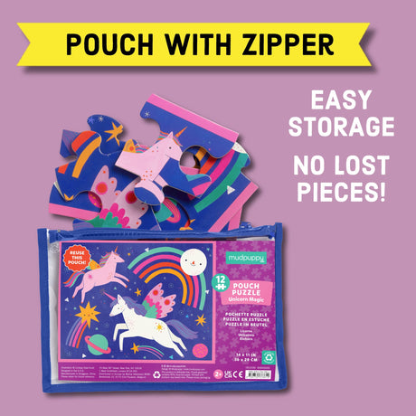 Mudpuppy Unicorn Magic – 12 Piece Puzzle with Reusable Zipper Pouch Featuring Colorful and Fun Illustrations of Magical Unicorns Perfect for Easy Storage and Travel Mudpuppy