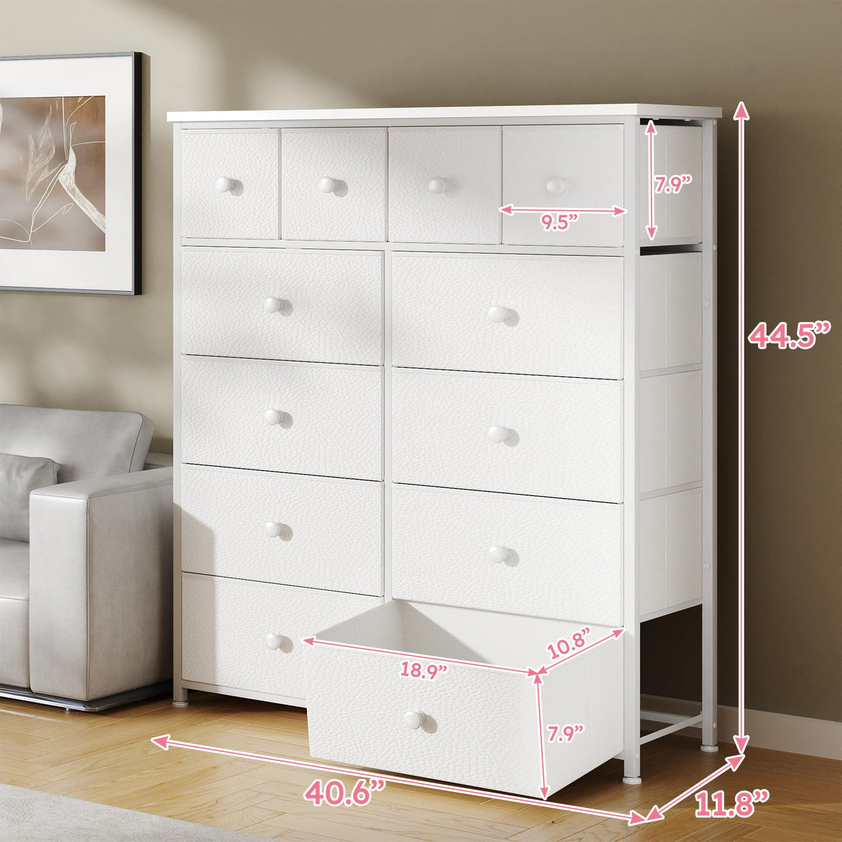 Bepatio Dresser for Bedroom with 12 Drawers Tall Dressers for Bedroom Fabric Dressers & Chest of Drawers with Sturdy Metal Frame, Wood Top, for Girls, Closet, 40.6" W x 11.8" D x 44.5" H (White) Bepatio