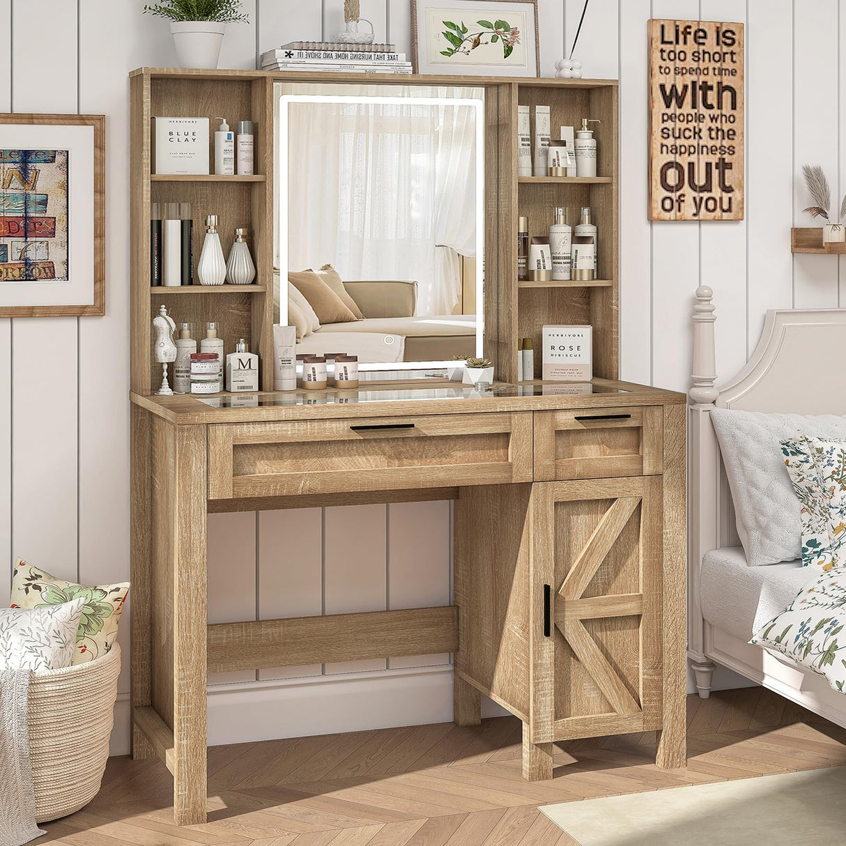 usikey Farmhouse Makeup Vanity Desk with Mirror and Lights, Glass Tabletop Makeup Vanity with Adjustable Shelves, Vanity Table Set with 2 Drawers and Side Cabinet for Bedroom, Maple usikey