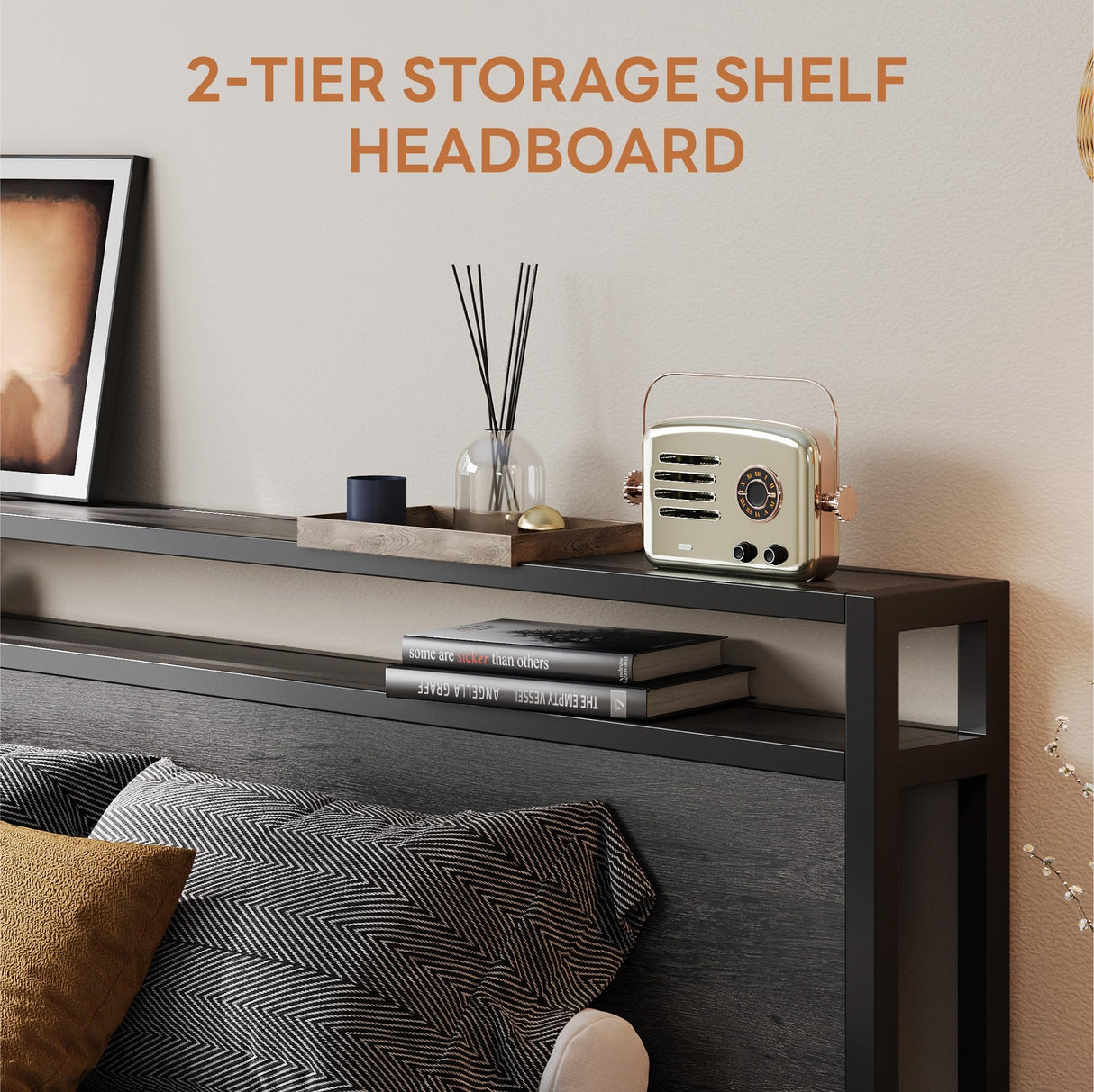 LIKIMIO Queen Bed Frame with Headboard, Dark Wood Camas Queen with Strong Supports, Sturdy, Noise-Free, No Box Spring Needed, Charcoal Grey LIKIMIO