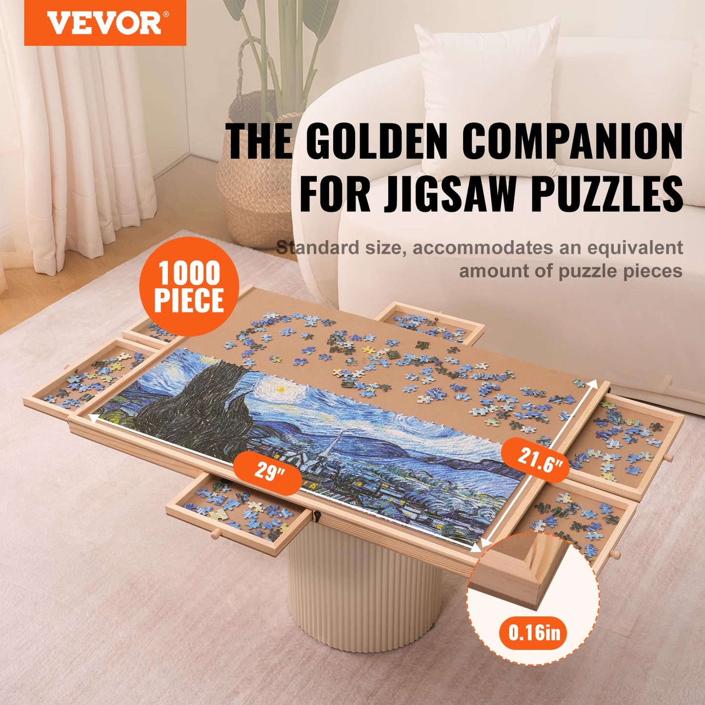 VEVOR 1000 Piece Puzzle Board with 6 Drawers and Cover, 29"x21.6" Rotating Wooden Jigsaw Puzzle Plateau, Portable Puzzle Accessories for Adults, Puzzle Organizer & Puzzle Storage System, Gift - WoodArtSupply