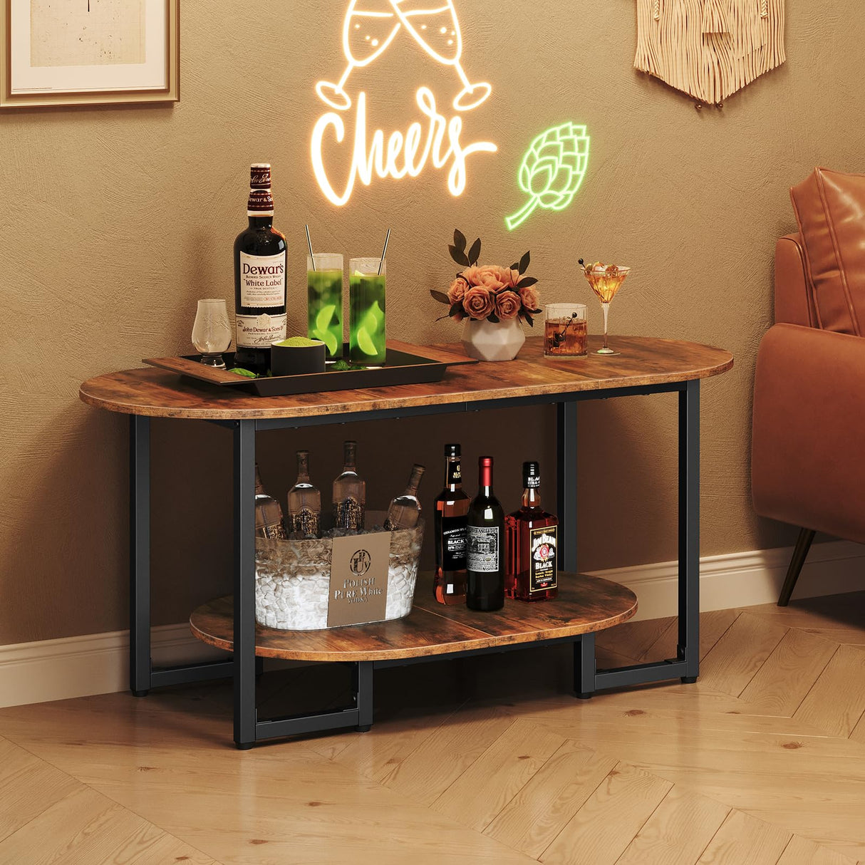 HOOBRO Coffee Table for Living Room, Oval Small Coffee Table with 2-Tier Open Storage Shelf, Industrial Cocktail Tea Table, Wooden Desktop Center Table, Farmhouse, Home Office, Rustic Brown BF09KF01 HOOBRO