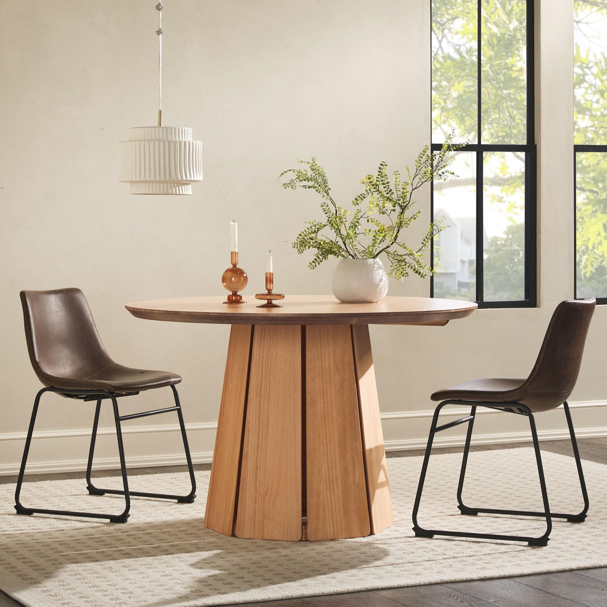Walker Edison Scandinavian Paneled-Wood Pedestal Base Round Top Dining Table, 48 Inch, Cerused White Walker Edison