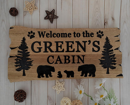 Custom Cabin Sign Custom Wood Sign, Personalized Bear Family In Woods Cabin Signs, Welcome Sign, Large Outdoor Wooden Last Name Sign, Lake House - WoodArtSupply