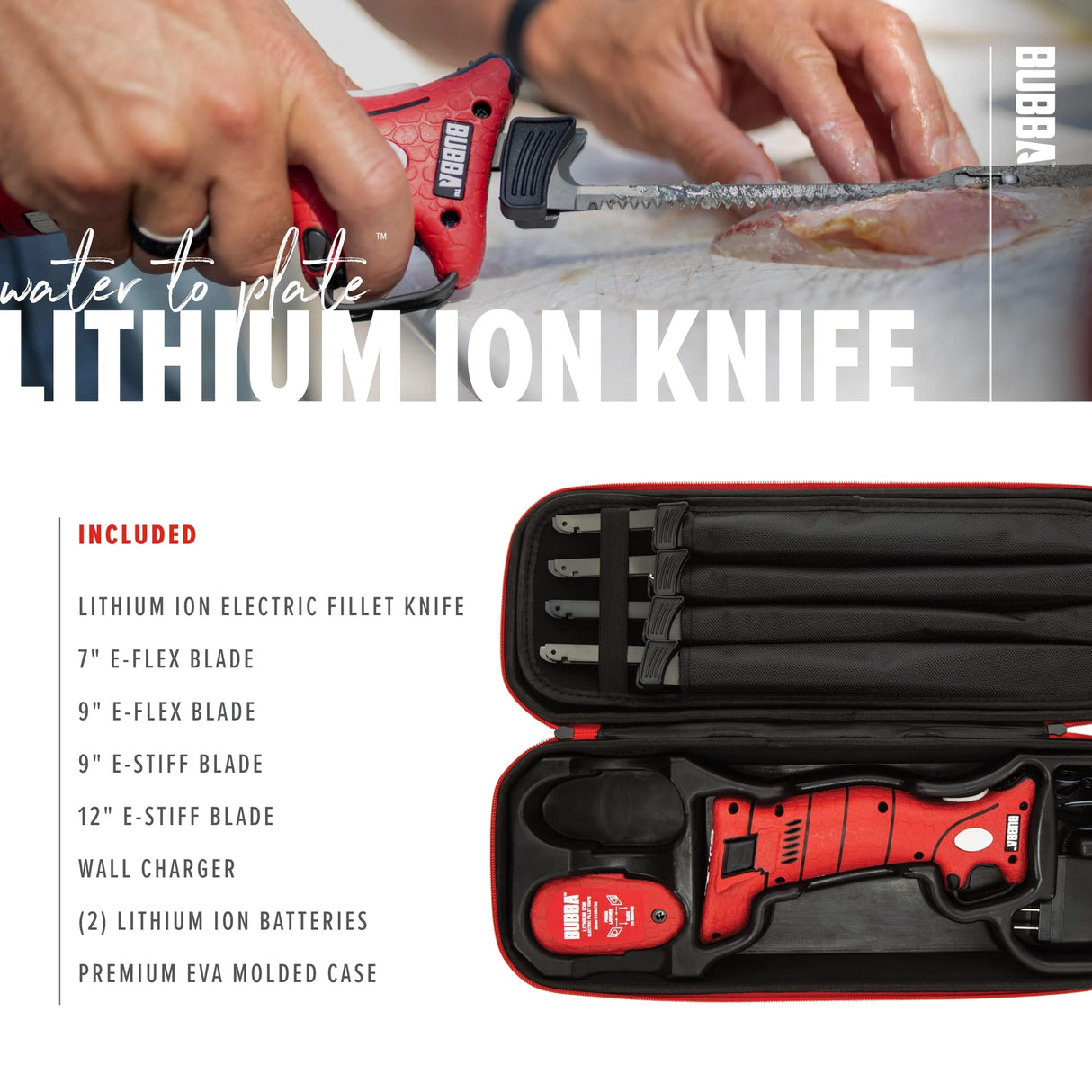 BUBBA Li-Ion Cordless Electric Fillet Knife with Non-Slip Grip Handle, 4 Ti-Nitride S.S. Coated Non-Stick Reciprocating Blades, Charger and Case for Fishing BUBBA