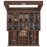 SONGMICS 12-Slot Watch Box, Lockable Watch Case with Glass Lid, 2 Layers, with 1 Drawer for Rings, Bracelets, Gift Idea, Brown Synthetic Leather, Brown Lining UJWB012K01 SONGMICS