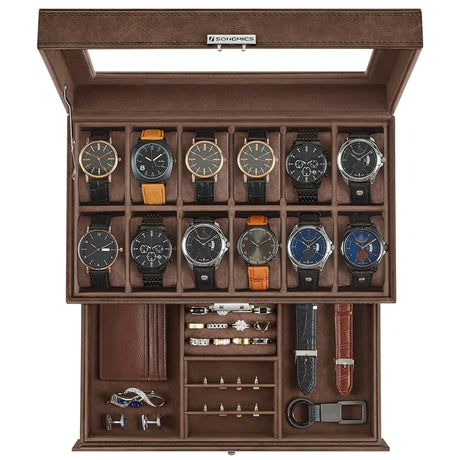 SONGMICS 12-Slot Watch Box, Lockable Watch Case with Glass Lid, 2 Layers, with 1 Drawer for Rings, Bracelets, Gift Idea, Brown Synthetic Leather, Brown Lining UJWB012K01 SONGMICS