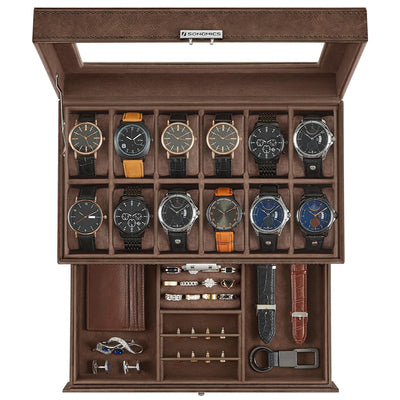 SONGMICS 12-Slot Watch Box, Lockable Watch Case with Glass Lid, 2 Layers, with 1 Drawer for Rings, Bracelets, Gift Idea, Brown Synthetic Leather, Brown Lining UJWB012K01