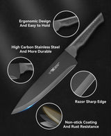 Knife Set, 15 Pcs Kitchen Knife Set with Block Self Sharpening, Dishwasher Safe, 6 Steak Knives, Anti-slip handle, Black Hundop