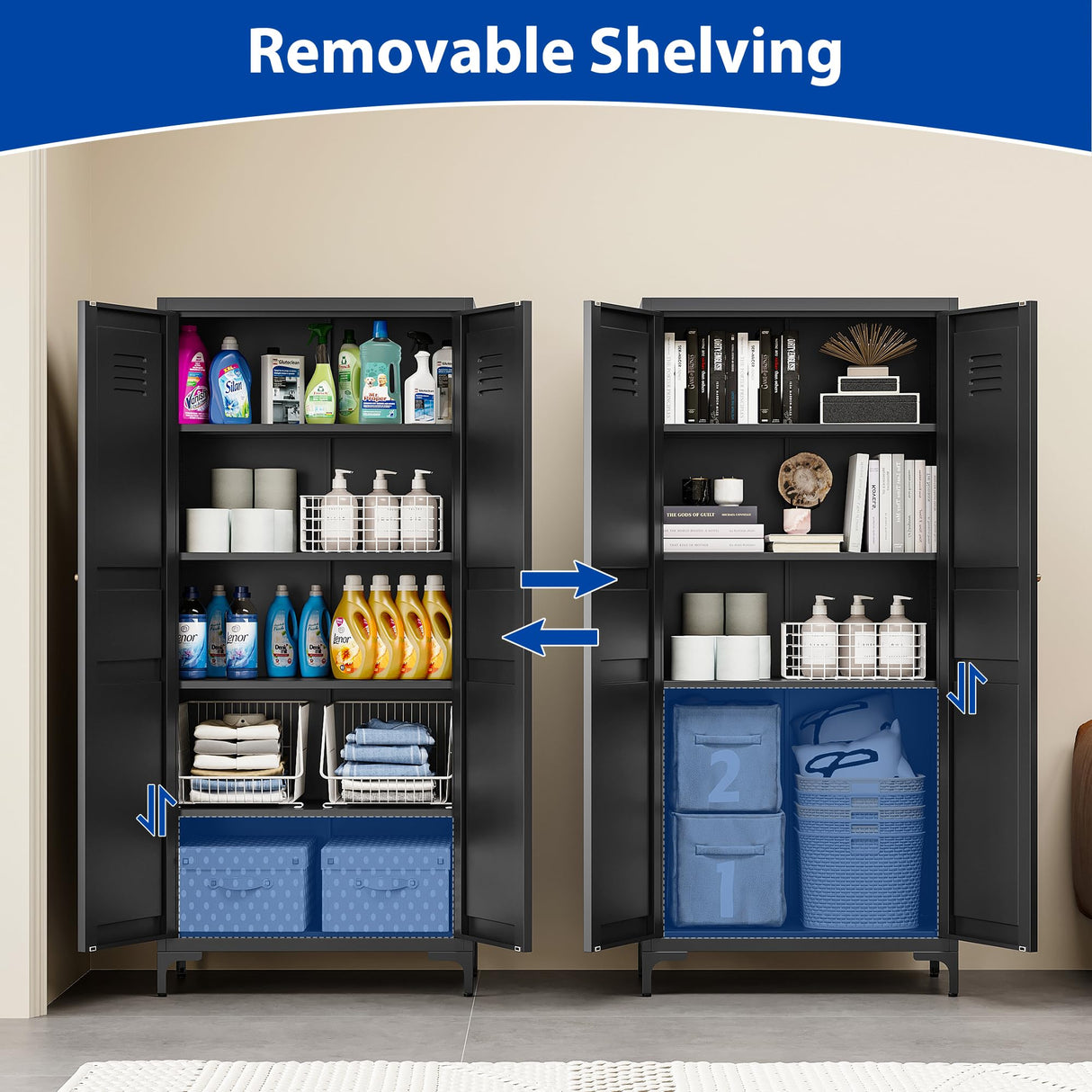 BYNSOE Kitchen Pantry Storage Cabinet with Adjustable Shelves Metal Cupboard Storage Cabinet with Adjustable Feet Pantry Cabinet for Kitchen, Living Room Dinning Room Bathroom. (Black, 61 inch) BYNSOE