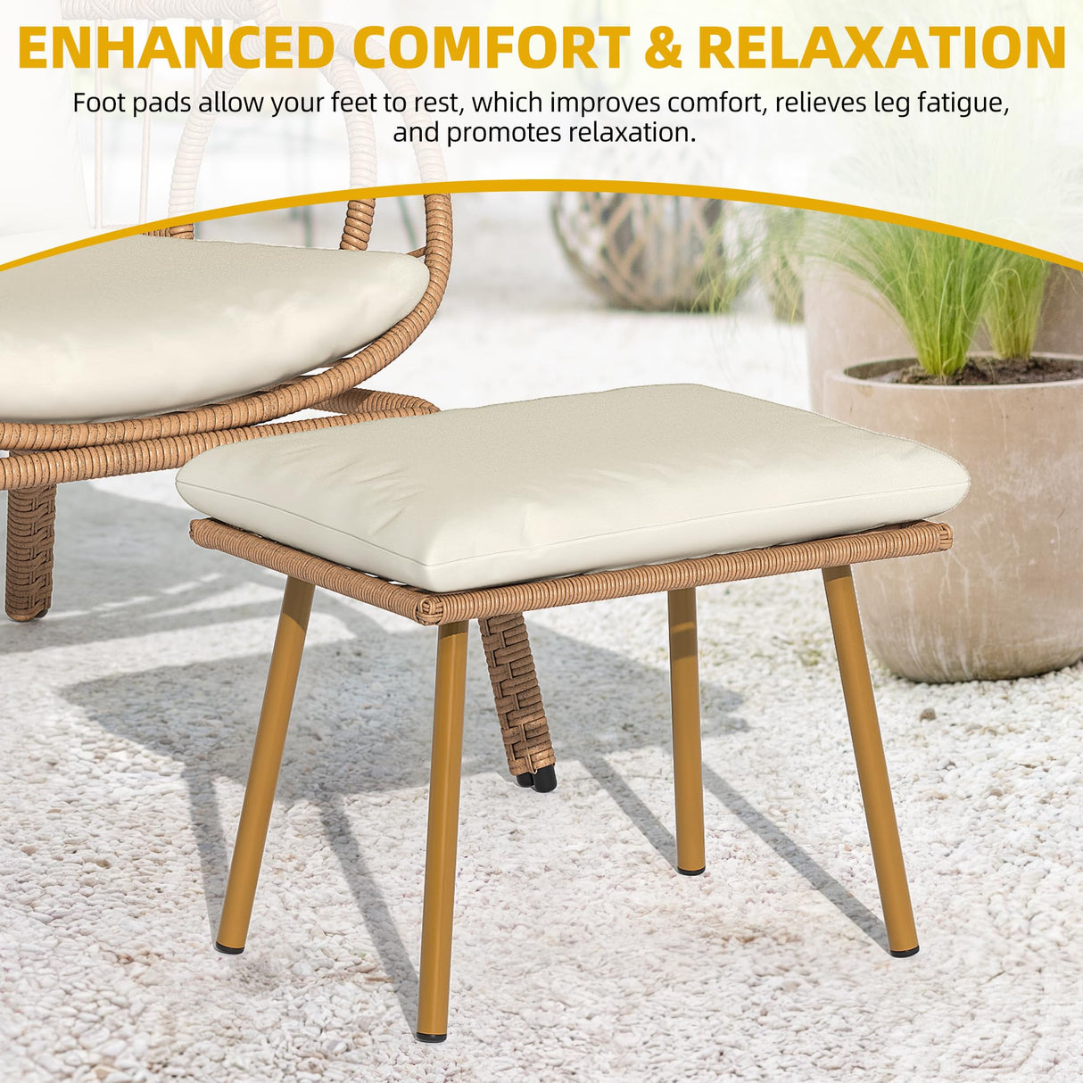 DWVO Egg Chair with Ottoman Outdoor, 370lbs Capacity Wicker Patio Glider Basket Chair with Footrest, All-Weather Small Egg Lounger Chair for Indoor Outside, Beige DWVO