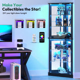 Lamtor 72" Corner Display Cabinet with Glass Doors, 6-Tier Showcase Curio Cabinet for Collectibles with Dynamic LED Lights, Modern Display Case for Living Room, Black Lamtor