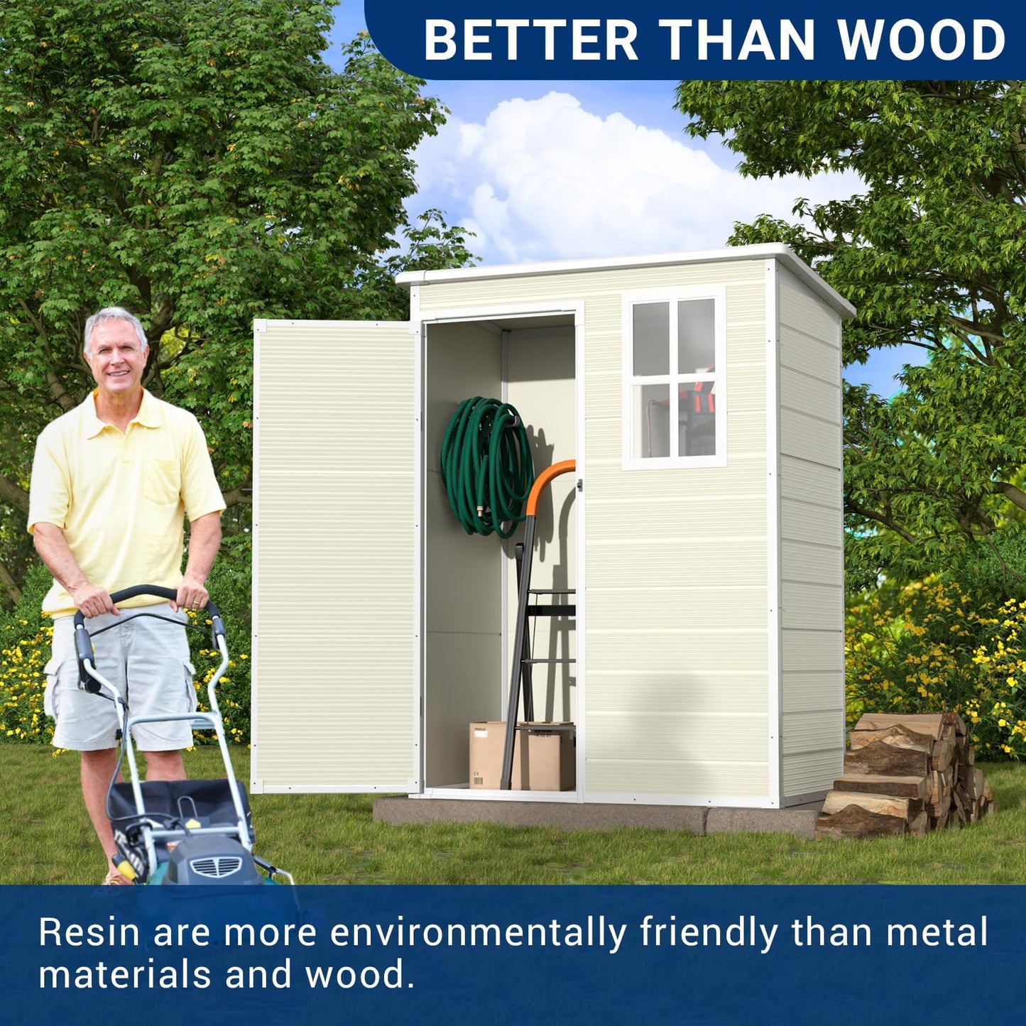 VONZOY Outdoor Storage Shed, 5x3FT Resin Shed with Floor, Lockable Door & Window, Waterproof Tool Sheds & Outdoor Storage for Bike, Garbage Cans,Garden Accessories, Sandstone - WoodArtSupply