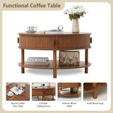 XUZENEST 31.5” Round Coffee Table with Storage, Mid Century Modern 2 Tier Coffee Table with Tambour Sliding Door, Solid Wood Legs Fluted Center Table for Living Room Home Office Small Space, Walnut XUZENEST