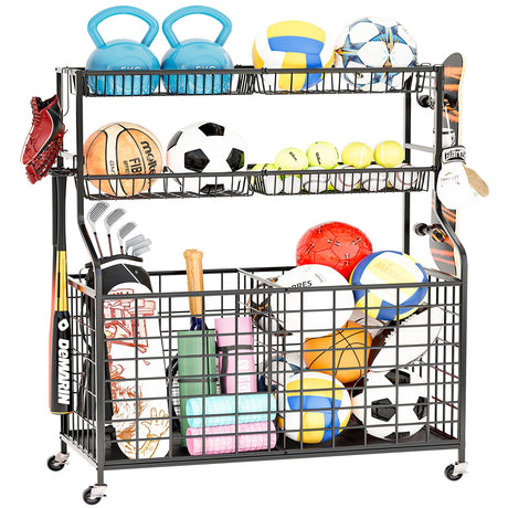 BXINREDA Garage Sports Equipment Organizer, Garage Organization Indoor Outdoor Sports Rack for Ball Storage Rolling Sports Ball Storage Cart Toy Sports Gear Storage ﻿ BXINREDA