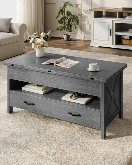 Marsail Lift-Top Coffee Table, 4-in-1 Multi-Functional Center Table with Hidden Compartment, 2 Drawers & Open Shelf, Adjustable Height for Living Room Office, Gray Marsail