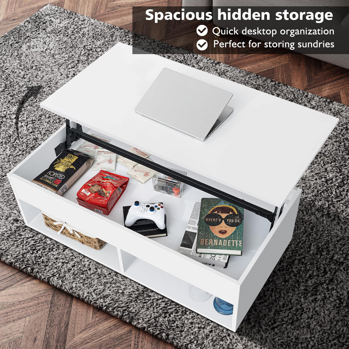 HOMMPA Modern Lift Top Coffee Table with Storage for Living Room LED Coffee Table Wodden Lift Tabletop Dining Table with Hidden Compartment and Metal Frame, White HOMMPA