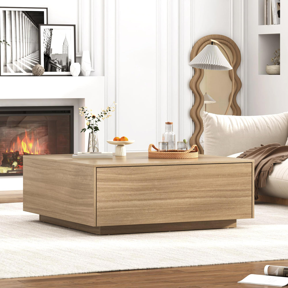 chartustriable 43” Square Coffee Table with Storage, 43" D x 43" W x 17" H Modern Large Square Center Table with 2 Drawers, Wood Coffee Table for Living Room, Light Brown,Bedroom,Light Brown chartustriable