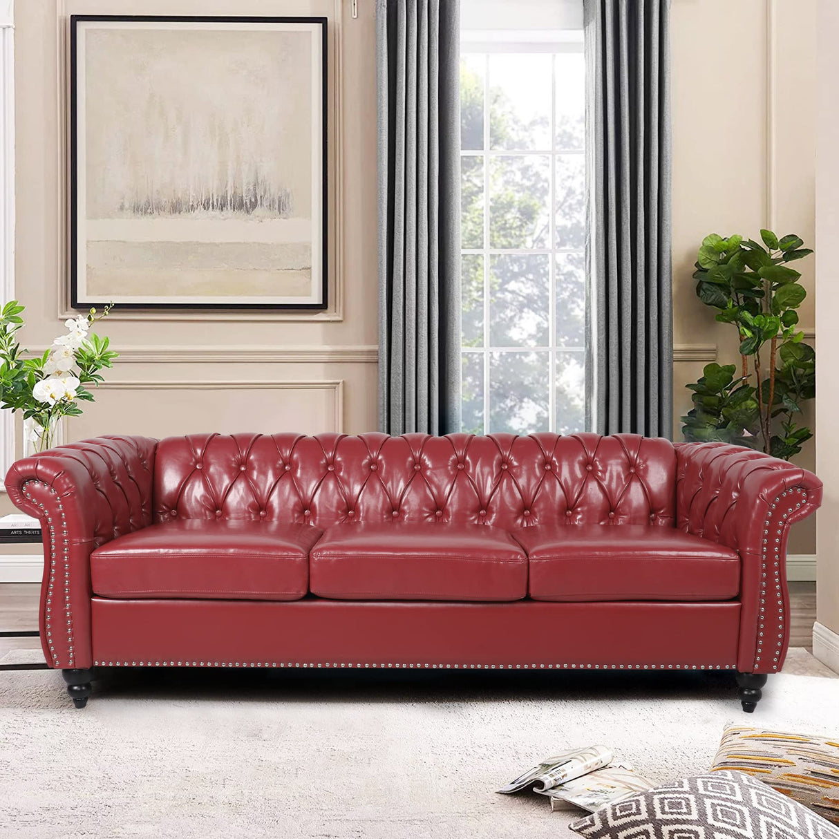 PHOYAL 3 Seater Sofa, Faux Leather Chesterfield Sofa Modern Tufted Couch 3 Seater Large Sofa with Scroll Arms and Nailhead for Living Room, Claret PHOYAL