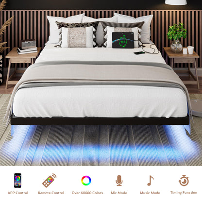 iPormis Queen Size Floating Bed Frame with LED Lighting and Charging Station, Noise-Free Metal Platform Design - WoodArtSupply