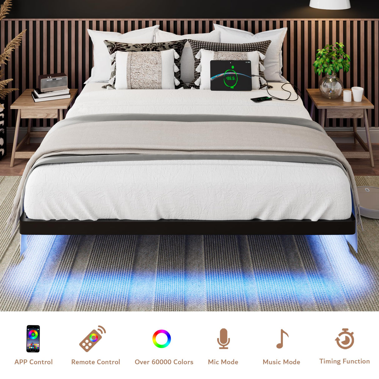 iPormis Modern King Size Floating Bed Frame with LED Lighting & Charging Station, Durable Metal Platform Design iPormis
