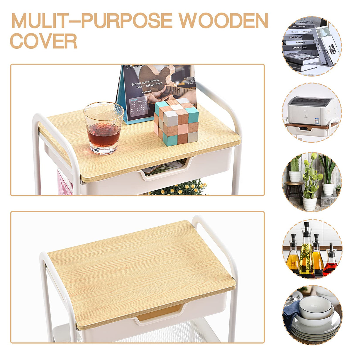 TOOLF 3-Tier Metal Utility Rolling Cart with Drawer and Wooden Table Top, Storage Cart White Trolley Kitchen Organizer Rolling Desk with Locking Wheels for Office, Classroom, Home, Bedroom TOOLF