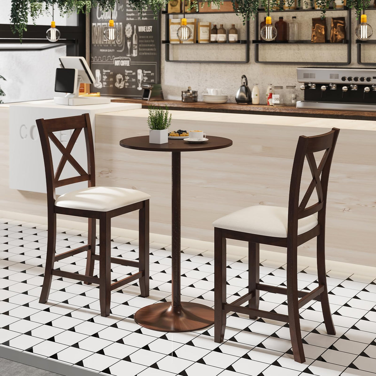 Giantex 24" Bar Stools Set of 4, Farmhouse Counter Height Barstools w/Footrest, Cross Back, Comfortable Linen Cushion, Upholstered Wood Bar Chairs for Kitchen Island Dining Room Cafe, Walnut & Beige Giantex