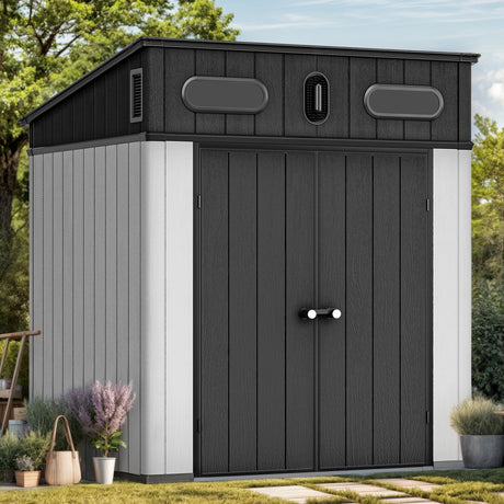 YITAHOME 6x6 ft Outdoor Resin Storage Shed, Waterproof Garden Shed with Windows, Floor, Double Doors, Weather-Resistant Lockable Tool Organizer for Outdoor Tools, Supplies, Bikes, Gray YITAHOME