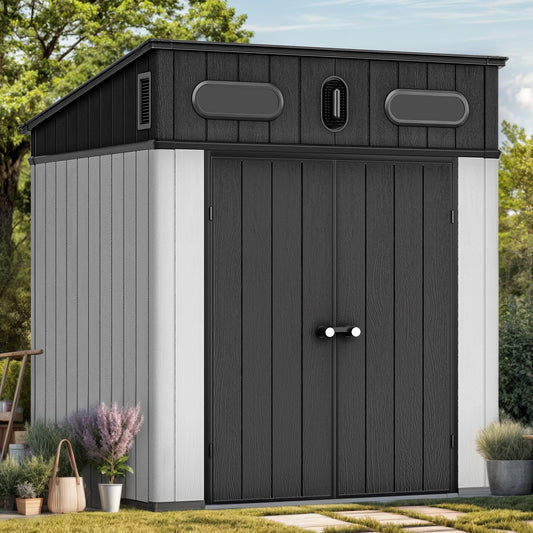 YITAHOME 6x6 ft Outdoor Resin Storage Shed, Waterproof Garden Shed with Windows, Floor, Double Doors, Weather-Resistant Lockable Tool Organizer for Outdoor Tools, Supplies, Bikes, Gray