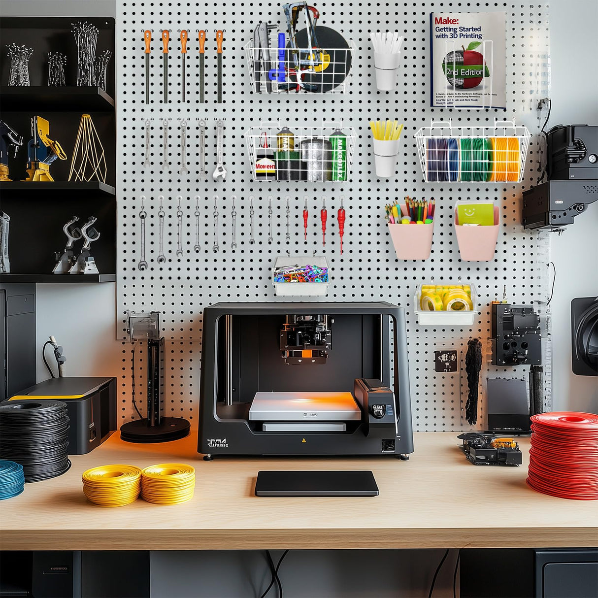 Pegboard Basket Organizers, Peg Board Large Baskets Hooks Bins Cups Tool Organizer 42 Pack Set, Wall Storage Display Hanging Accessories for Craft Office Stadio Shed Garage Organization (White & Pink) G.CORE