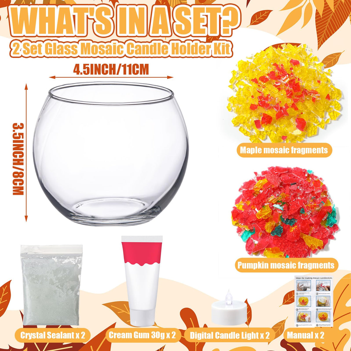 Sunnychicc 2 Set Glass Mosaic Candle Holder Kit Include Tea Light Holder, Glass Mosaic Tiles DIY Crafts Creativity Handmade Artwork for Adults Home Lighting Decor(Autumn Theme) Sunnychicc