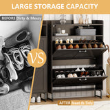 Shoe Cabinet with 2 Flip Drawers, Freestanding Hidden Shoe Storage Organizer for Entryway, Narrow Slim Shoe Rack Cabinet with Open Storage & Hooks for Front Door Entrance, Living Room, Hallway, Black Xixini