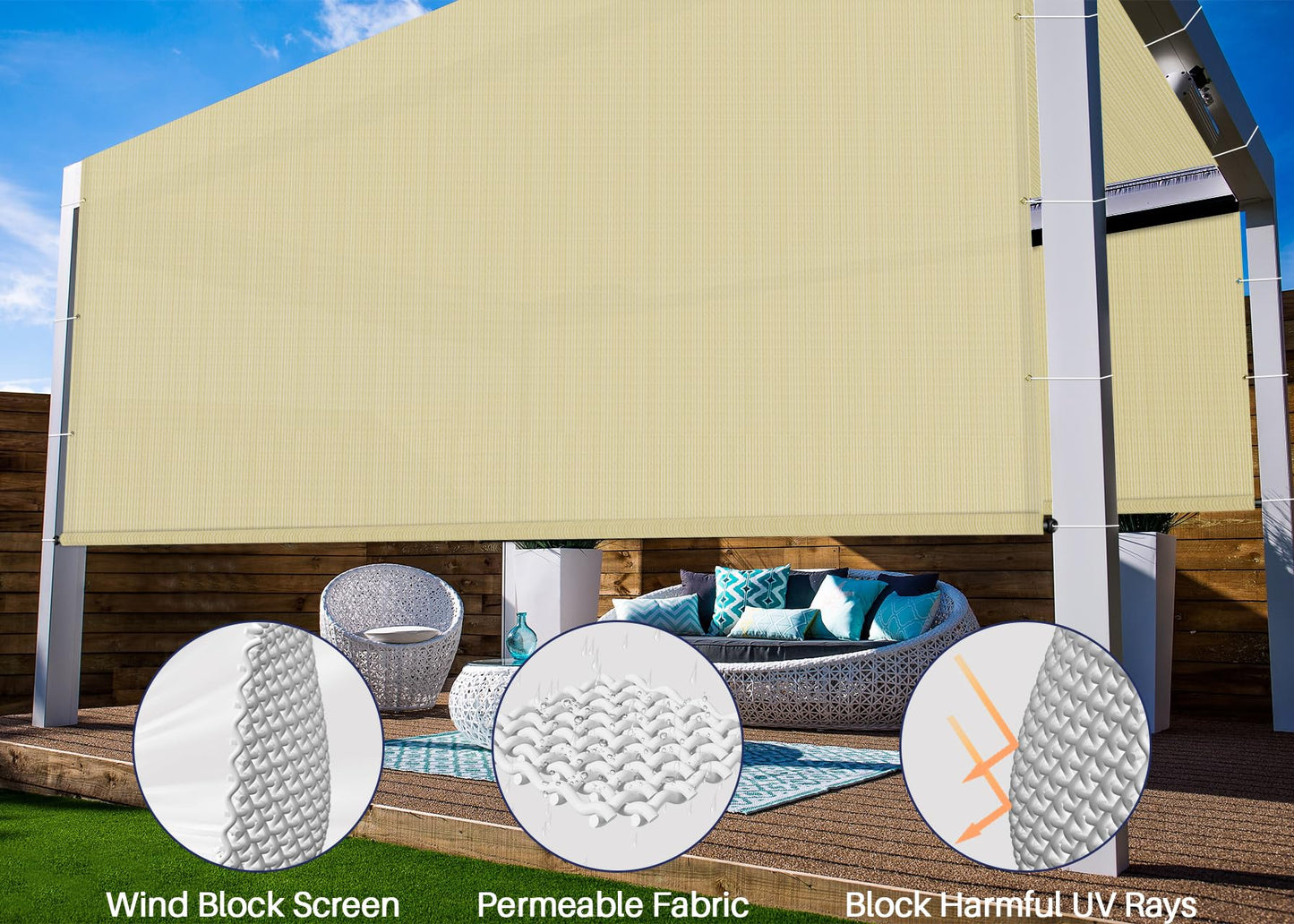 Windscreen4less 10' x 16' Universal Replacement Shade Cover Canopy for Pergola Patio Porch Privacy Shade Screen Panel with Grommets on 2 Sides includes Weighted Rods Breathable UV Block Beige - WoodArtSupply