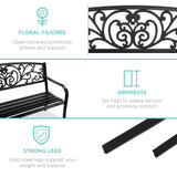 Best Choice Products Outdoor Bench Steel Garden Patio Porch Furniture for Lawn, Park, Deck w/Floral Design Backrest, Slatted Seat - Black Best Choice Products
