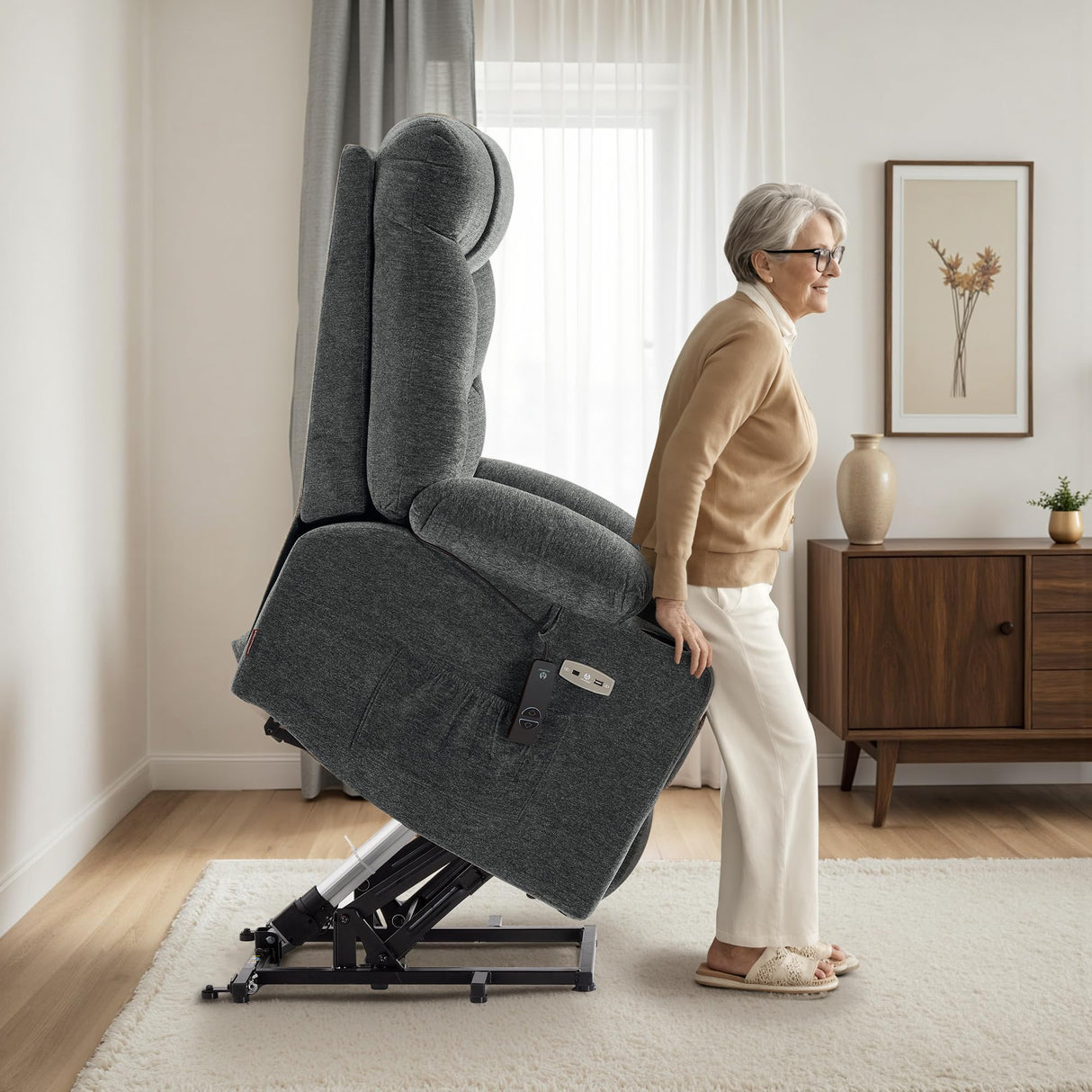 MCombo Power Lift Recliner Chair with Extended Footrest for Elderly People, Fabric 7283 (Dark Gray, Large) MCombo