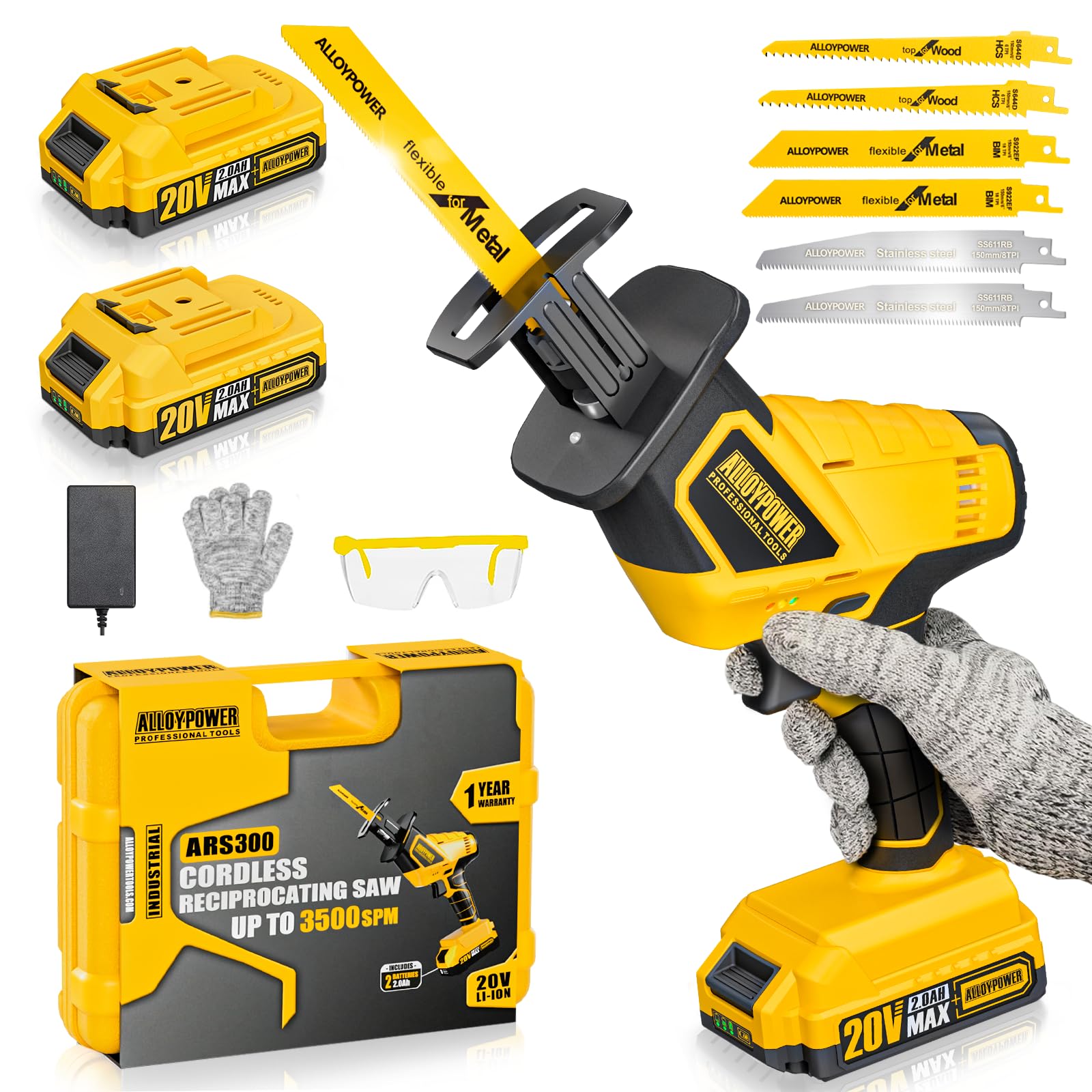 ALLOY POWER 20V Cordless Reciprocating Saw, 0-3500 SPM, with 2 Packs Batteries, Tool-free Blade Change, LED Light Power Reciprocating Saws, 6 Saw Blades Kit for Wood/Metal/PVC Cutting Include - WoodArtSupply