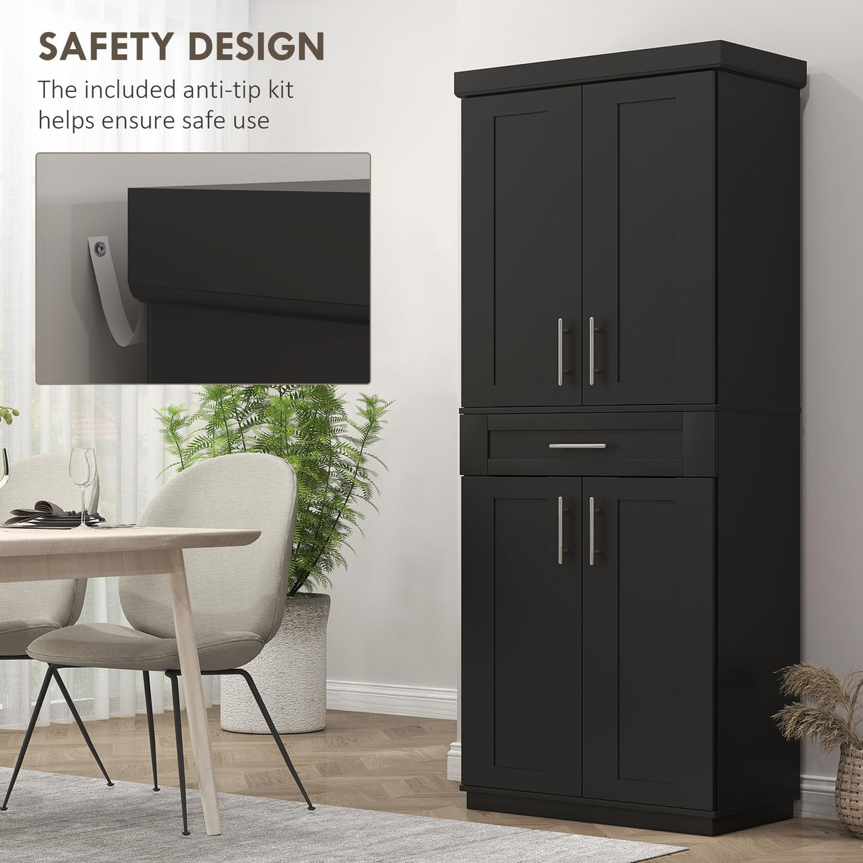 HOMCOM 72" Kitchen Pantry Cabinet, Freestanding Tall Storage Cabinet with 4 Doors, Drawer and 3 Adjustable Shelves for Dining Room, Black HOMCOM