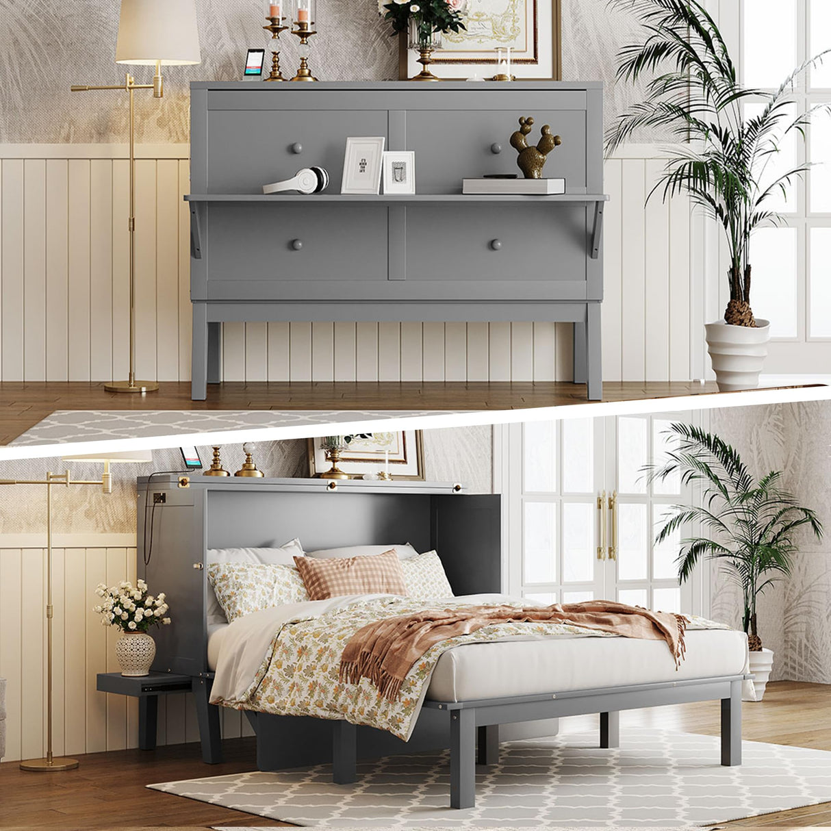 Queen Size Murphy Bed with Desk,USB Port, and Removable Shelves on Each Side, Queen Platform Bed Wood Frame, for Guest Room Home Office - Gray Harper & Bright Designs