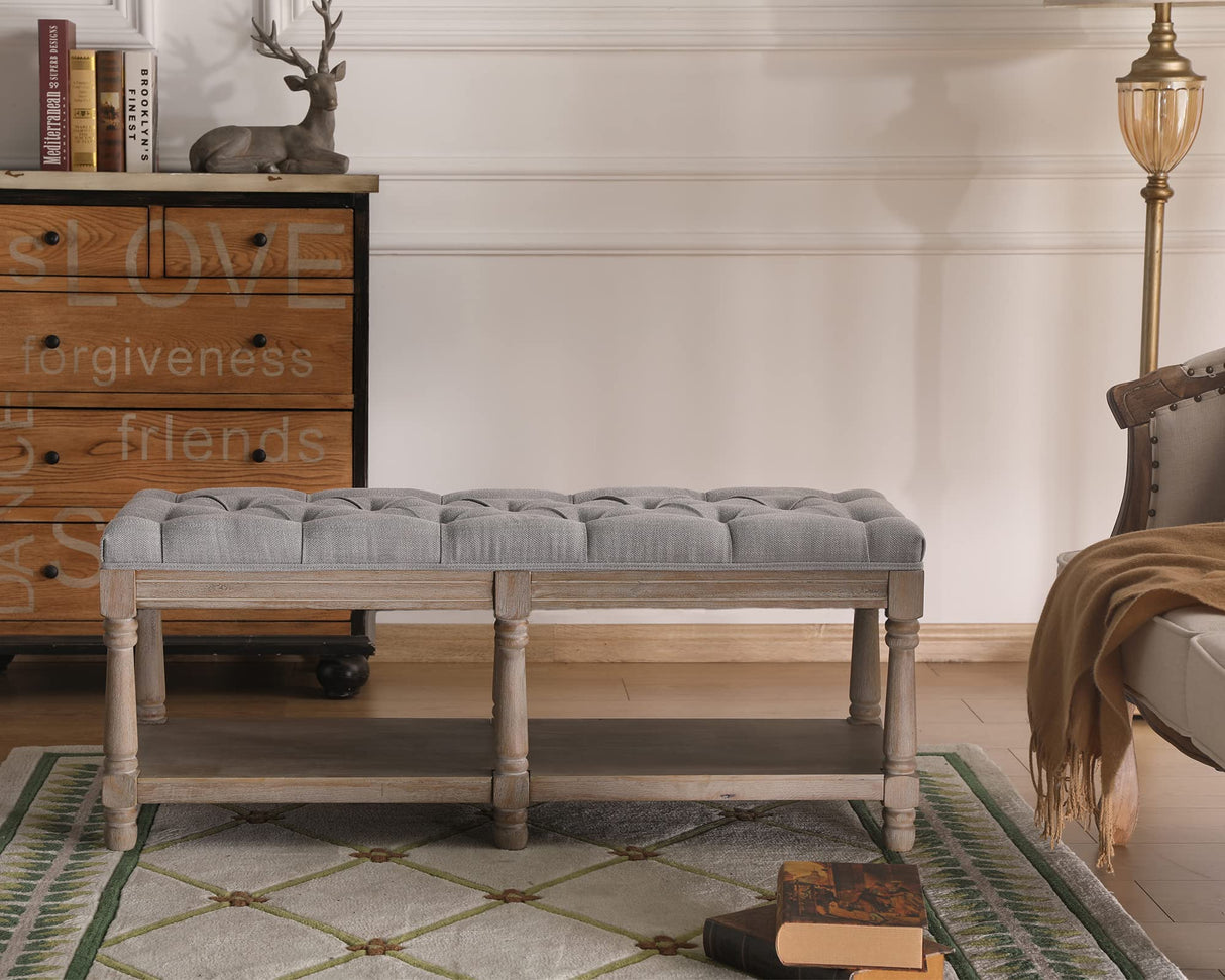 Janoray Farmhouse Storage Bench Wooden Entryway Upholstered Tufted Ottoman Bench for Bedroom End of Bed Hallway Organizer, Grey Janoray