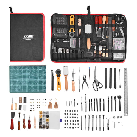 VEVOR Leather Working Tools Kit, 61 PCS Leather Craft Tools with Portable Canvas Storage Bag, Engraving Punching Sewing Stamping Sanding Tools, Ideal for Beginners DIY Enthusiasts and Professionals VEVOR