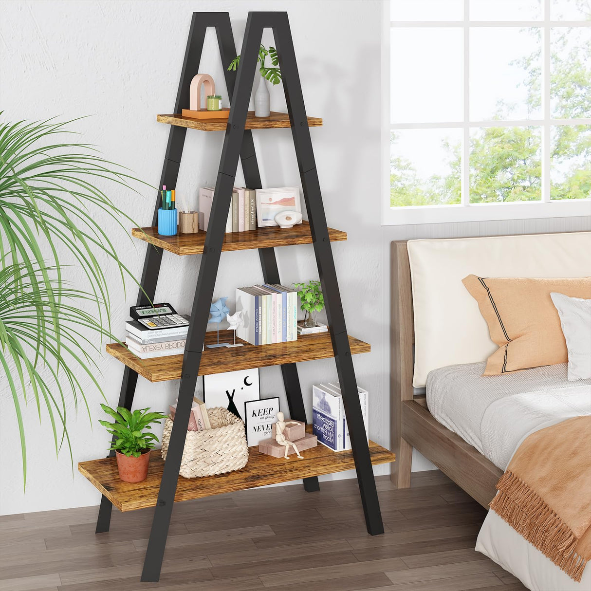 4-Tier Industrial Bookshelf with Metal Frame by Recaceik - For Home Office and Living Room Recaceik
