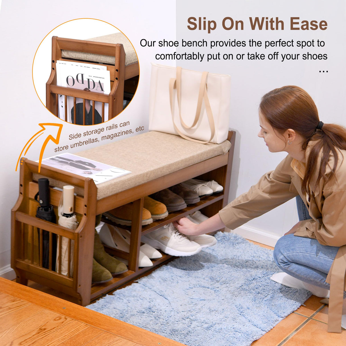 PETKABOO Shoe Bench with Hidden Drawer and Side Holder, 2 Tier Entryway Bench with Storage 39.4 in, Bamboo Shoe Rack with Cushion for Entryway Hallway Living Room Bedroom PETKABOO