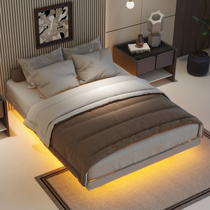 Floating Full-Size Bed Frame with LED Lights in Grey – Modern Low Profile Design with Solid Pine Wood Construction - WoodArtSupply