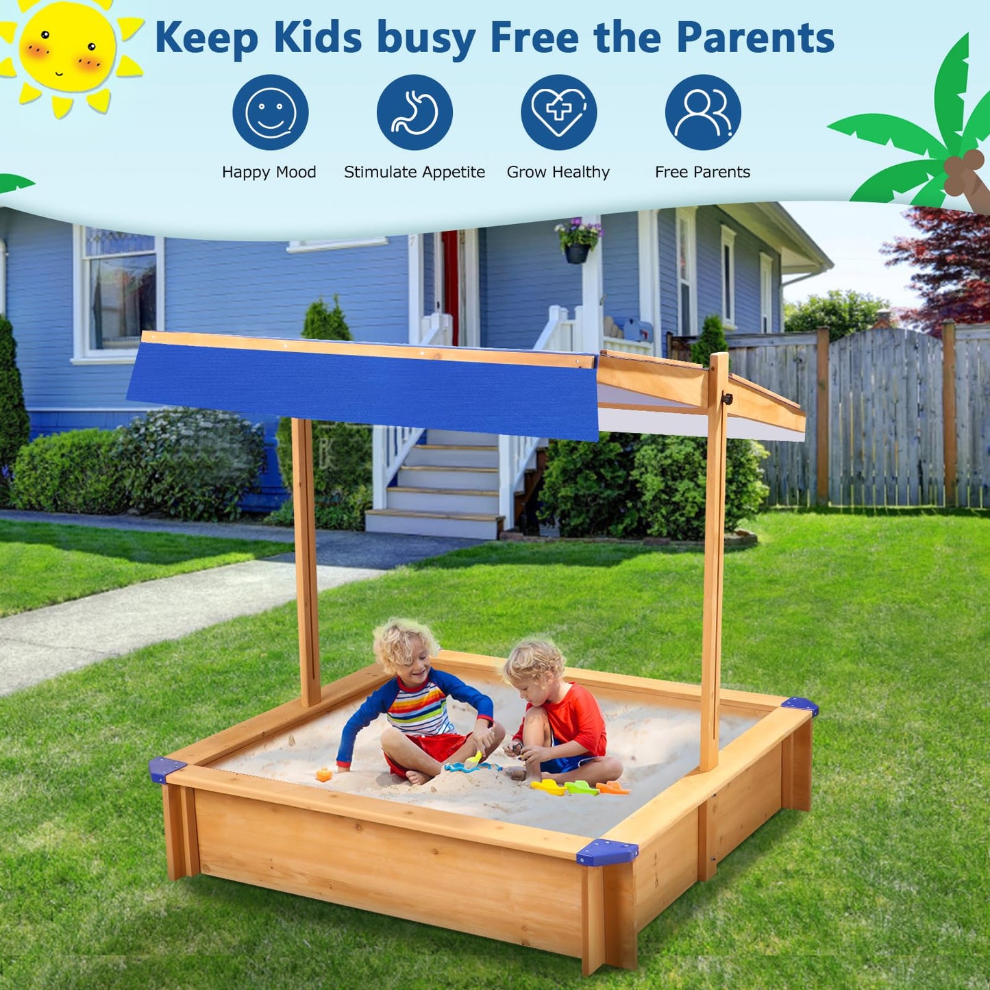 Tatub Kids Sandbox with Cover, Large Outdoor Sandbox with Canopy Height Adjustable, Sand Pit for Backyard Play, Wooden Sand Box for Kids Ages 4-8, for Children - WoodArtSupply